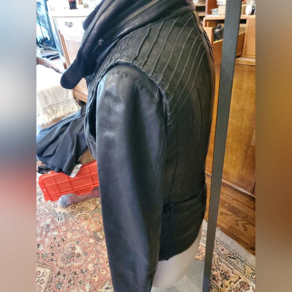Mackage two part Black Lamb Skin Leather Jacket with Ribbed Collar - Picture 4 of 15